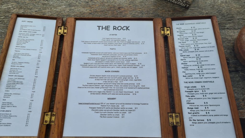 the rock zanzibar menu